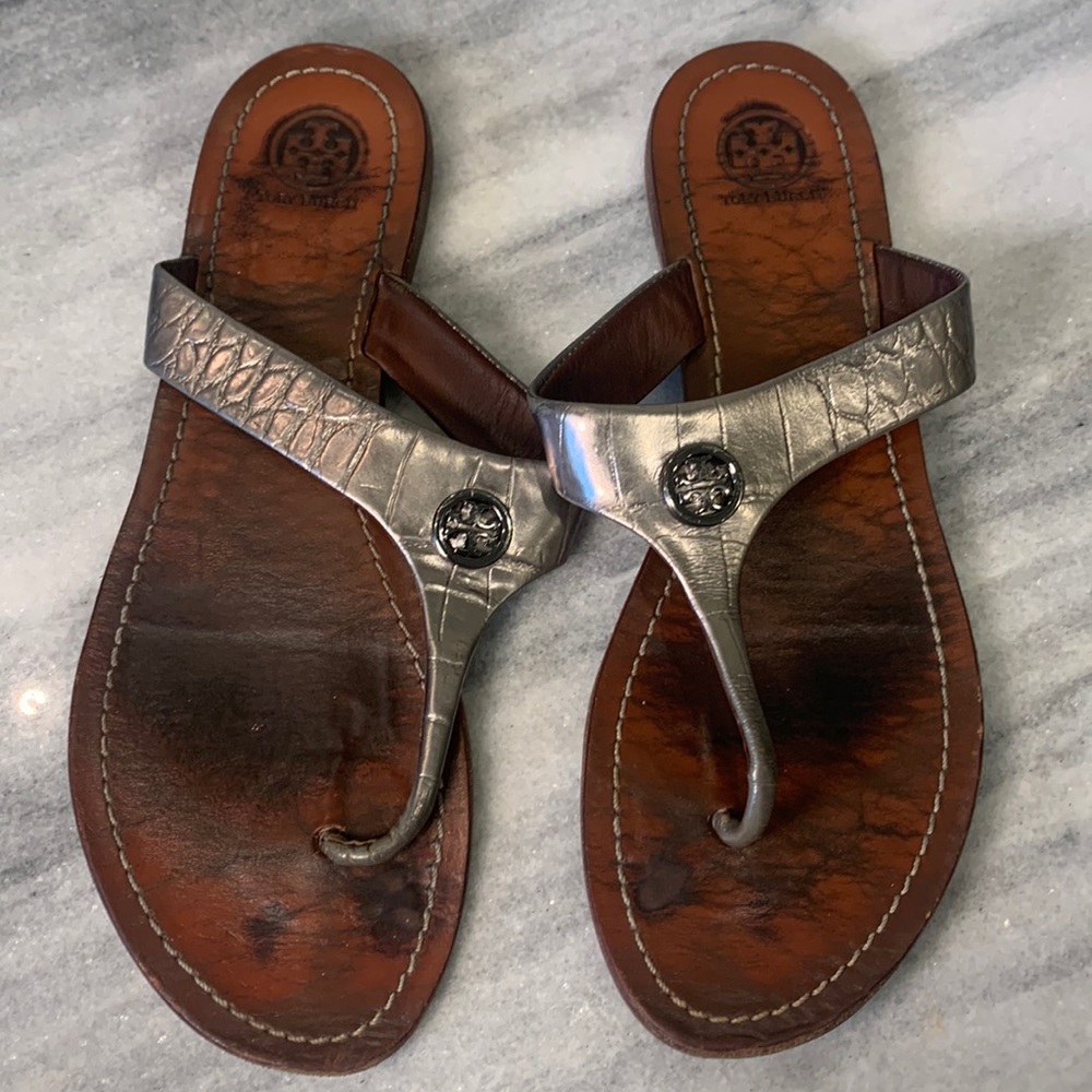 Tory Burch silver thong sandals size 10